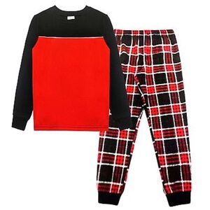 Jellifish Boys Waffle Knit Shirt and Plaid Jogger Pants Pajamas Set
